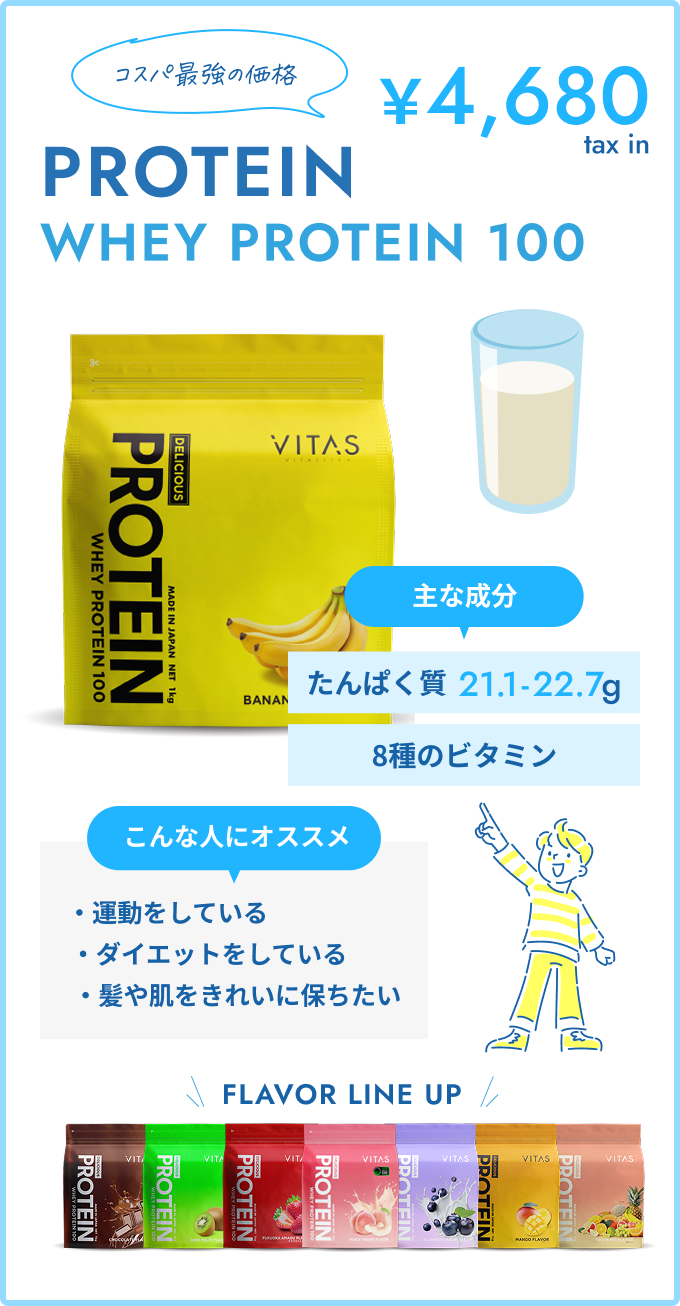 VITASのホエイプロテイン100｜コスパ最強の税込4,480円｜たんぱく質21.1〜22.7g・8種のビタミン配合｜運動やダイエット、美容をサポートするプロテイン｜豊富なフレーバー展開